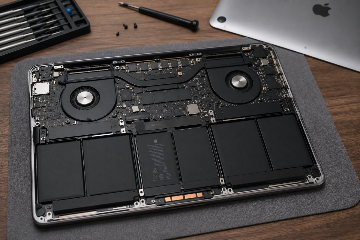 MacBook von unten geöffnet — Logic Board, Akku und Lüfter sichtbar